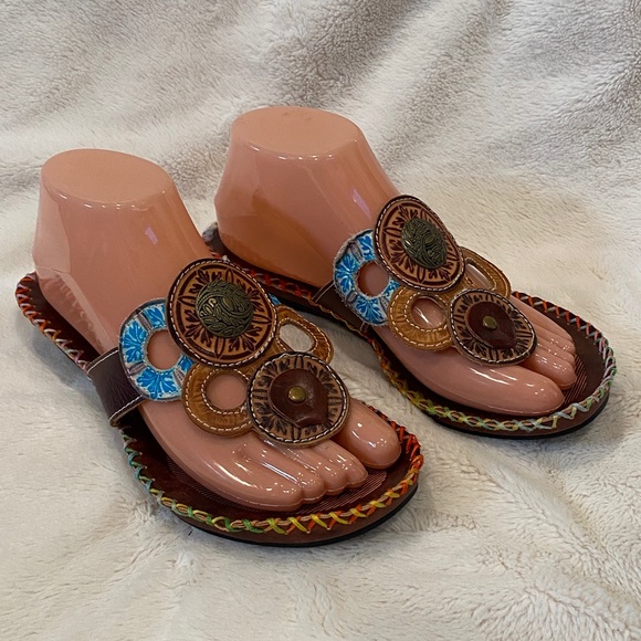Corkys Antiqua Leather Hand-Painted Boho Toe Post Thong Sandals Size 7 VGC - Picture 1 of 11